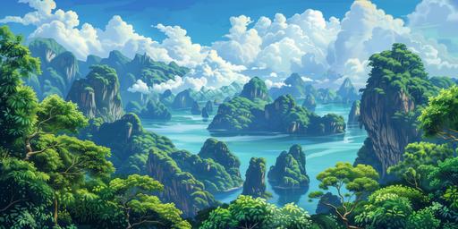 looking down through clouds at the sea stacks of Ha long bay. Gorgeous blue ocean. Vibrant green trees. Fantasy concept art. 8k Resolution. Soft Animation Style. Extremely Detailed. --v 6.0 --ar 2:1