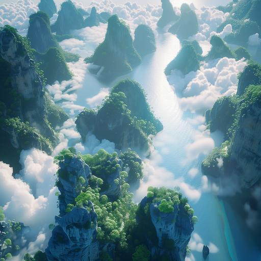 looking down through clouds at the sea stacks of Ha long bay. Gorgeous blue ocean. Vibrant green trees. Fantasy concept art. 8k Resolution. Soft Animation Style. Extremely Detailed. --v 6.0