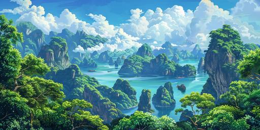 looking down through clouds at the sea stacks of Ha long bay. Gorgeous blue ocean. Vibrant green trees. Fantasy concept art. 8k Resolution. Soft Animation Style. Extremely Detailed. --ar 2:1 --v 6.0