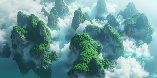 looking down through clouds at the sea stacks of Ha long bay. Gorgeous blue ocean. Vibrant green trees. Fantasy concept art. 8k Resolution. Soft Animation Style. Extremely Detailed. --ar 2:1 --v 6.0