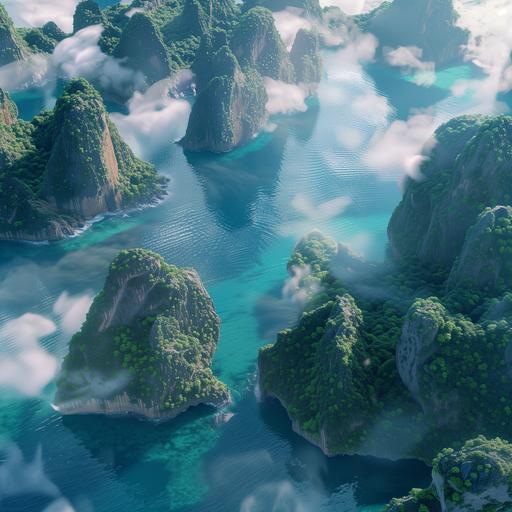 looking down through clouds at the sea stacks of Ha long bay. Gorgeous blue ocean. Vibrant green trees. Fantasy concept art. 8k Resolution. Soft Animation Style. Extremely Detailed. --v 6.0