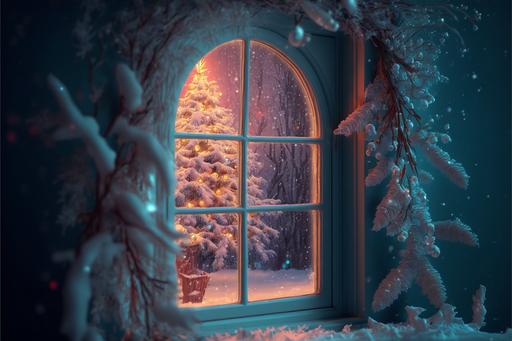 looking out the frosty window of beautiful old-fashioned colorful christmas home, frost crystals on window, christmas tree, christmas lights, christmas presents, christmas ornaments, cozy, warm, 8K, UHD --ar 3:2 --v 4 --q 2