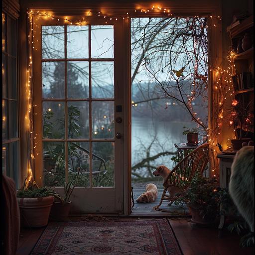 looking outside of a window, christmas light reflections, an outdoor chair covered with a tarp, two potted plants and a tree growing wildly, a deck with a rug on it, a dog sitting gently against the door, overlooking a river --v 6.0