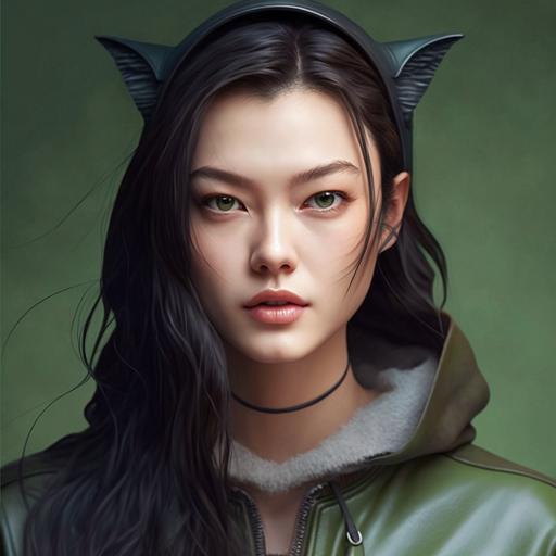 looking straight ahead, green eyes, cheeky grin, realistic, cats ears, wearing leather