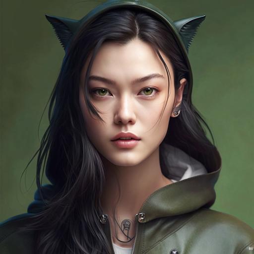 looking straight ahead, green eyes, cheeky grin, realistic, cats ears, wearing leather