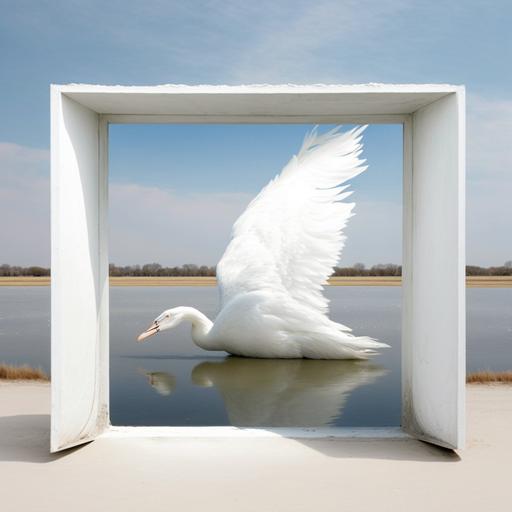 looking straight through a thick rectangular very wide concrete window. the window is 1.777 times wider than the hight. the window is an opening in a thick white concrete wall. there is a calm, soothing view of a small lake. there is a huge majestic white bird that has huge blue feathers. The feathers combine with 2 huge half transparent, white feathers that float above the water. the white feathers gradualy transcend and become white soothing clouds. the surrounding shore is made only of white and smooth limestone that is not much higher than water level. in the water, very far away, there is a funny awkward furry animal that waves enthusiastically towards us. The feel is sharp, divine and looks a bit like a Dalí painting