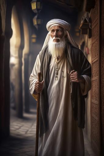 looking straight towards me, realistic 8k muslim old man , white dress white ,long beard ,standing with a wooden stick , arabic architecture --ar 2:3