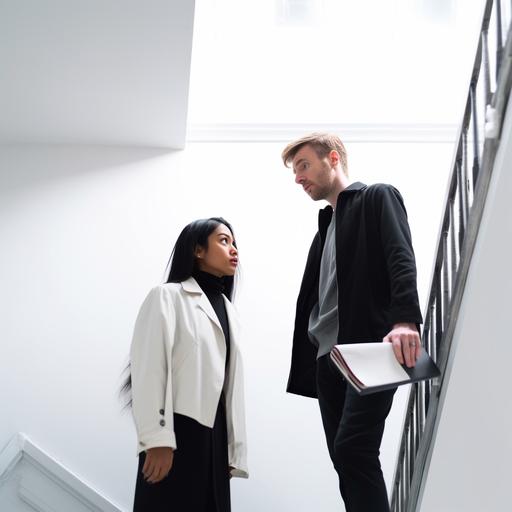 looking up from the bottom of a wide white staircase at an asian woman and a thin white man with a closed black leather folder stand together frowning looking down