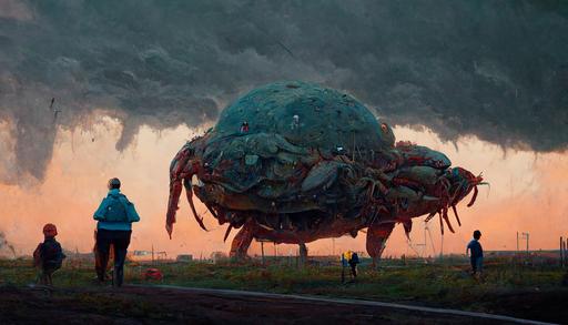 looming crab carapace on massive scale with small people standing around it, supercell storm on the horizon, cinematic lighting at dusk, Simon Stålenhag --ar 16:9 --q 2