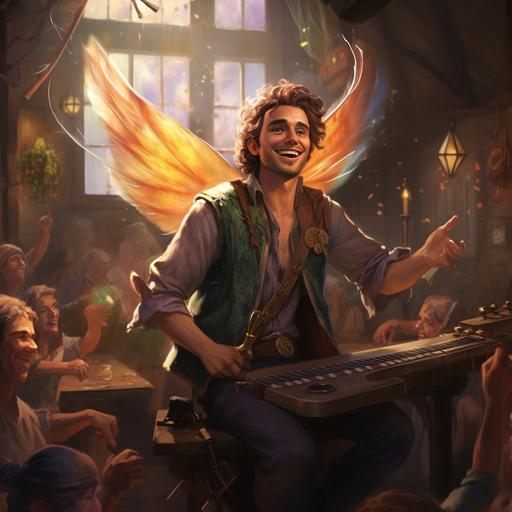 D&D Character Portrait, 4k, Photorealistic, Lithe Male fairy bard with glassy insect wings singing in a crowded tavern