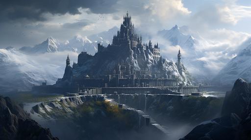 lord of the rings, lonely mountain dwarf kingdom fort. The wizard tower was made of black obsidian, and its pointed roof pierced the clouds, snow capped mountains with stone dwarven forts scattered amongst the mountain:: full spectrum, spectacular, ray tracing, professional photography, 32k UHD, ultra - sharp Intricate fine details, HDRI, --ar 16:9