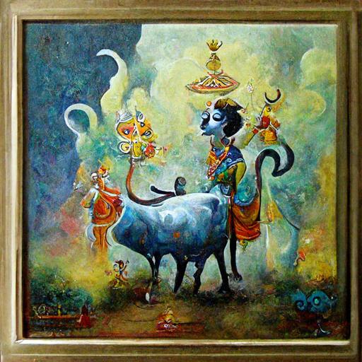 lord sri krishna setting on gir cow  artist paint