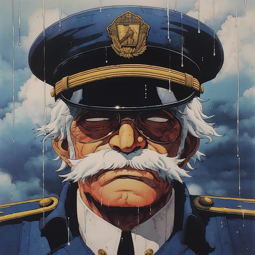 loseup and intense vintage animation cel of a psychogenic anime blind old men, with pilot hat and navy pilot suit with gold wings, airline pilot with cover face crying in the rain