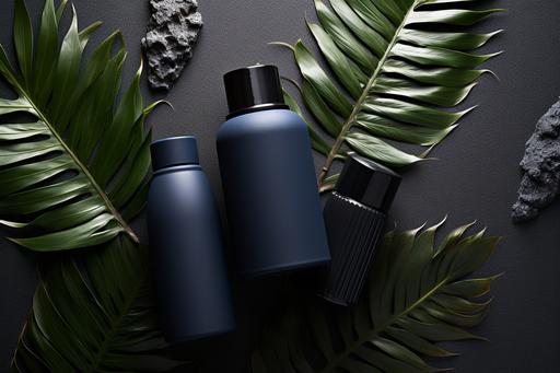 lotion bottles and small leaves in the middle of a white background, in the style of dark navy and dark black, tropical symbolism, highly polished surfaces, plastic, forestpunk, simple designs, uhd image --ar 3:2