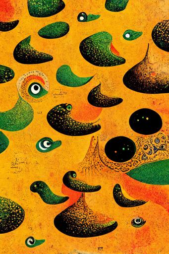 lots of cartoon gators creating fractal geometries in the style of joan miro by salvador dali, band poster, psychedelic, yellow, orange, green tones, very detailed, intricate arabic patterns, surrealism, --ar 6:9