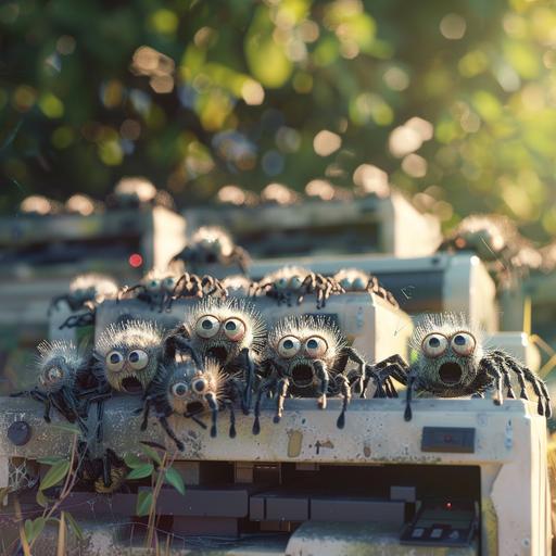 lots of funny cartoon spiders with smiley faces living in discarded old printers in the garden, some of them are surfing the interweb in the background, a spider city, all the buildings are old printers, photo real, cinema quality, 4k image, sunlight scene.