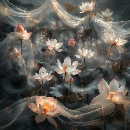 lotus flower,dark silver and beige, lace pattern, netting, stitch embroidery, caras ionut, delicate floral studies, textural harmony, delicate flowers, sopheap pich, bastien lecouffe-deharme, 29528 px width, 25984 hieght --s 750 --v 6.0 --style raw