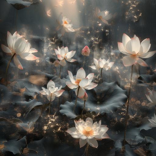 lotus flower,dark silver and beige, lace pattern, netting, stitch embroidery, caras ionut, delicate floral studies, textural harmony, delicate flowers, sopheap pich, bastien lecouffe-deharme, 29528 px width, 25984 hieght --s 750 --v 6.0 --style raw