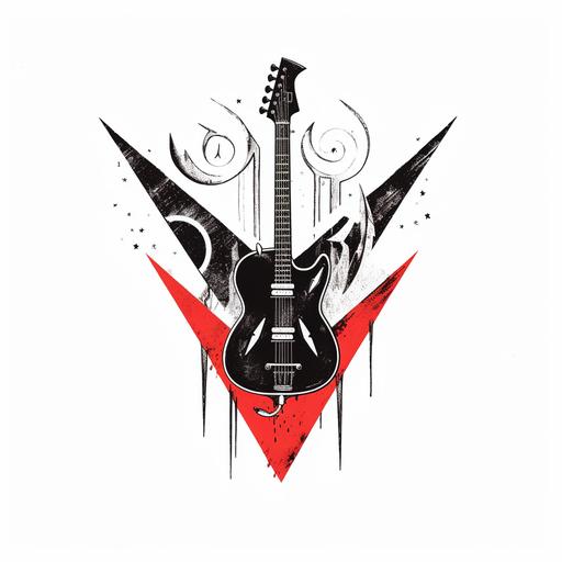 love and rockets arrow and ace ink illustration, red, black and white colors, vector, guitar --s 750