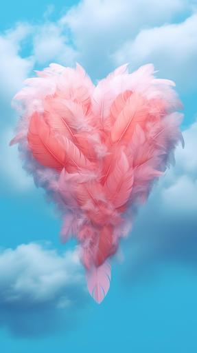 love heart in the sky, feathers, clouds, pastel colors, light background, photo, detailed, realistik --ar 9:16 --s 750 --v 5.1