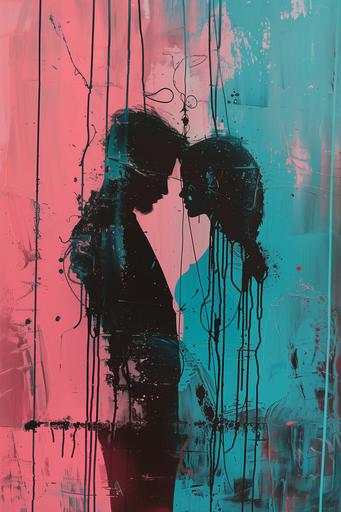 love strings, couple silhouette, pink, turquoise, surreal, dystopian, in style of Stefanie Schneider --ar 2:3 --v 6.0
