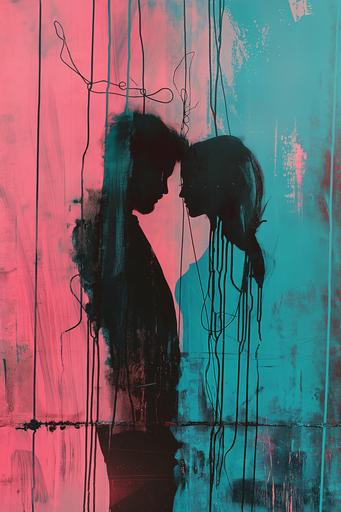 love strings, couple silhouette, pink, turquoise, surreal, dystopian, in style of Stefanie Schneider --ar 2:3 --v 6.0