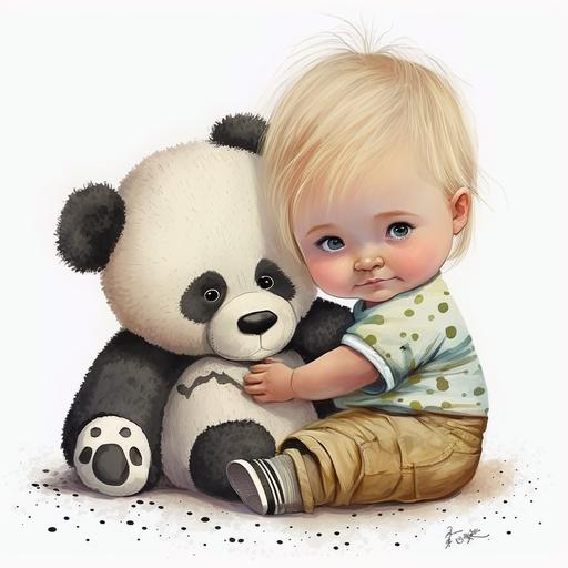 cute blond baby with panda best friend drawing for kids