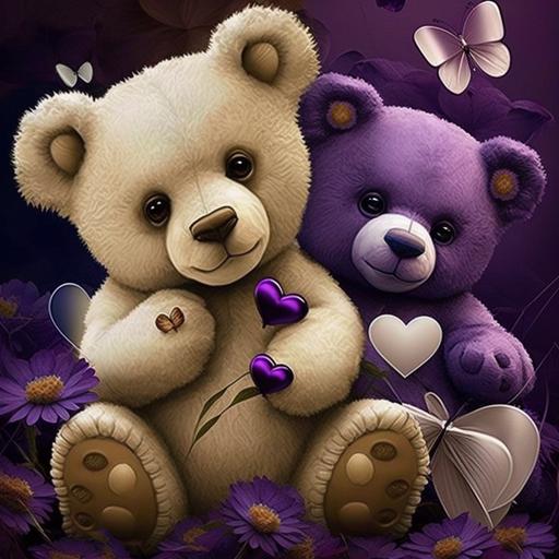 lovely purple butterflies, romantic single white rose, red hearts teddy bear, valentine love, two affectionate teddy bear cubs