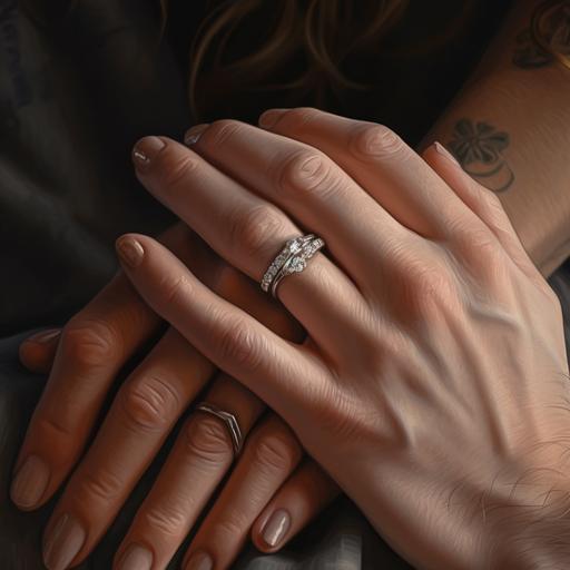 lovers woman's hand man's hand fingers interlocked. photorealistic, she is using an engagement ring