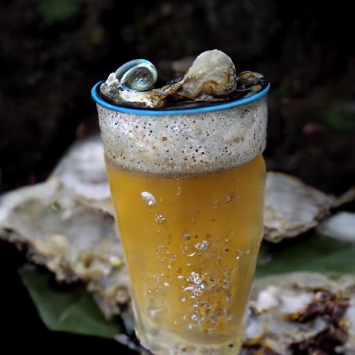 cartoon oyster slipping off shell into costa rican beer on a surfboard--v 4