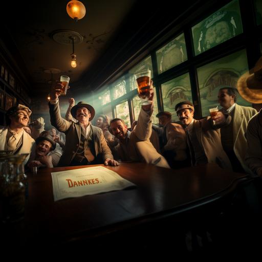 low-angle cowboy shot of Alberto Santos Dumont with a crowd of friends cheering and partying holding mugs of beer, behind the counter in bright detailed bar in Paris in 1906, lateral window lights, green toned, shot on canon eos rebel t7 --style raw