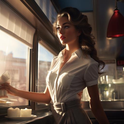 low angle of a human woman in classic diner waitress outfit as she places a breakfast plate on a classic diner table booth,85 mm, 50/50 shot, wide angle,early morning light coming through window, Venetian window light, cinematic, photograph, photorealism,