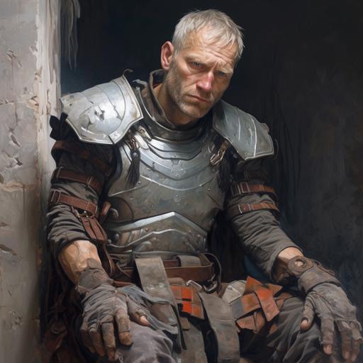low angle perspective, side perspective, melancholic oil painting, pallid adult man, messy grey hair, beard:: moustache::-0.9 , ragged leather armor, looking at camera, low detail, --no blood