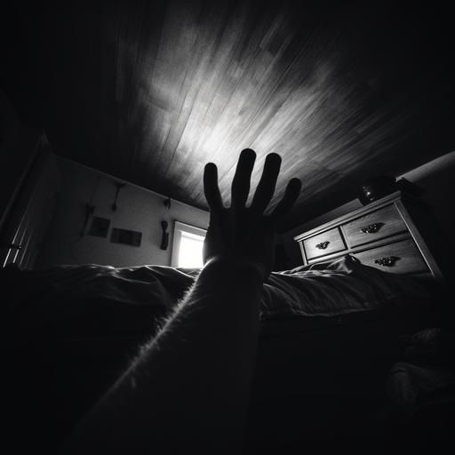 low angle scary hands under the bed