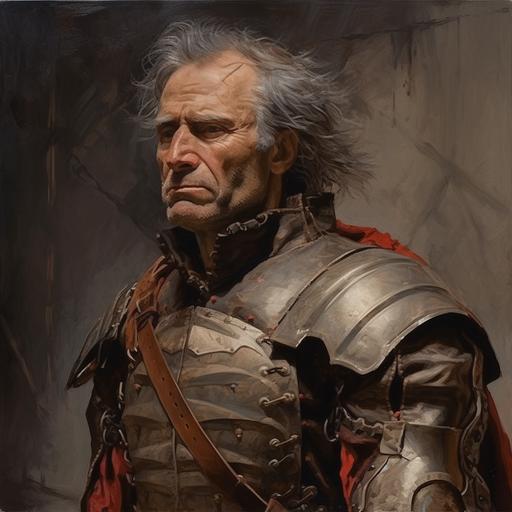 low angle view, side view, melancholic oil painting, pallid middle-aged man, messy grey hair, facial hair like Lincoln:: moustache::-0.5 , brown leather armor, bright red eyes, medium detail, --no blood