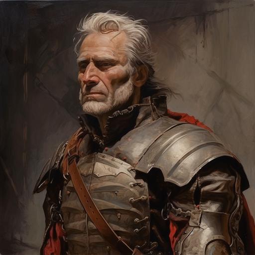 low angle view, side view, melancholic oil painting, pallid middle-aged man, messy grey hair, facial hair like Lincoln:: moustache::-0.5 , brown leather armor, bright red eyes, medium detail, --no blood