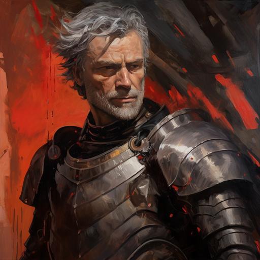 low angle view, side view, melancholic oil painting, pallid middle-aged man, messy grey hair, beard like Abraham Lincoln:: moustache::-0.5 , leather armor, bright red eyes, medium detail, --no blood