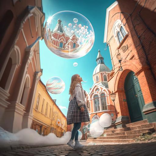 low-angle wide-angle photograph of a girl walking towards the camera in the center of the city of Dmitrov near Moscow and blowing real balloons instead of soap bubbles that soar up and fly away into the distance in the realistic style