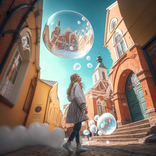 low-angle wide-angle photograph of a girl walking towards the camera in the center of the city of Dmitrov near Moscow and blowing real balloons instead of soap bubbles that soar up and fly away into the distance in the realistic style