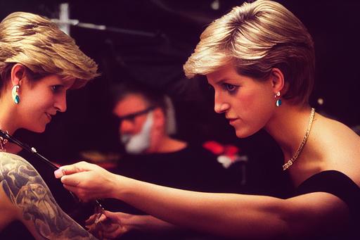 low angle, wide portrait, three subjects, pirate Black Beard ressures Princess Diana as she gets a tattoo by Lucius Spriggs on a pirate ship, 8k, photorealistic candid photo --ar 3:2 --testp --upbeta