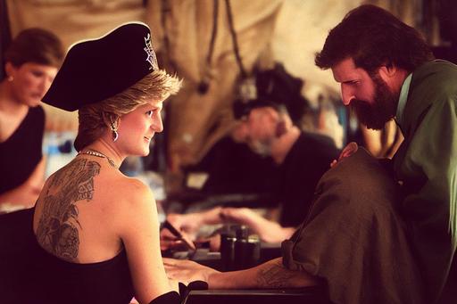 low angle, wide portrait, three subjects, pirate Black Beard ressures Princess Diana as she gets a tattoo by Lucius Spriggs on a pirate ship, 8k, photorealistic candid photo --ar 3:2 --testp --upbeta