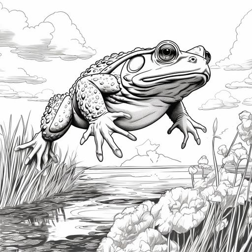 low detail cartoon toad jumping in the everglades, no color, thick lines, no shading, kids coloring book page style