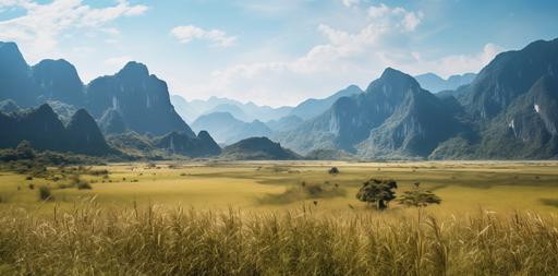 low-high view of hyper realistic photo of tipicals montains and hills in China, in forground a field of dry grass, up to down day light, environments, adventure, exploration, real atmosphere, hasselblad, hyperrealistic photo, high level of vegetation details, volumetric lighting, cinematic lighting, --ar 125:62