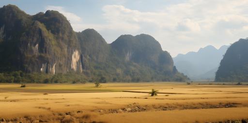 low-high view of hyper realistic photo of tipicals montains and hills in laos, in forground a field of dry grass, lot of variations of montain scale and layers, up to down day light, environments, real atmosphere, hyperrealistic photo, high level of vegetation details, cinematic lighting, hasselblad, --ar 125:62