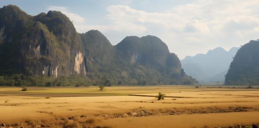 low-high view of hyper realistic photo of tipicals montains and hills in laos, in forground a field of dry grass, lot of variations of montain scale and layers, up to down day light, environments, real atmosphere, hyperrealistic photo, high level of vegetation details, cinematic lighting, hasselblad, --ar 125:62