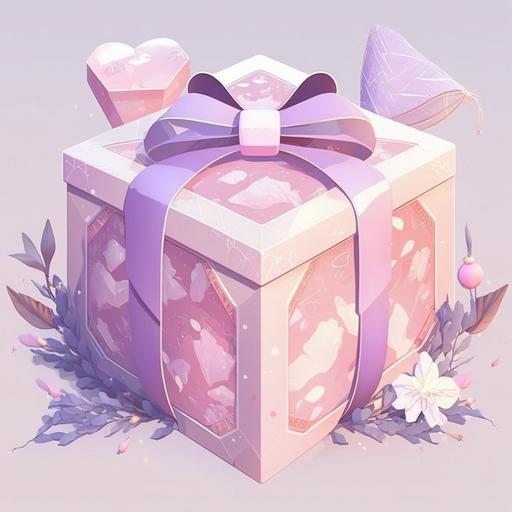 low poly style, gift box, memory pieces, scenery, light purple, light pink, ribbon, crystal, japenses style, translucent, calming game, love