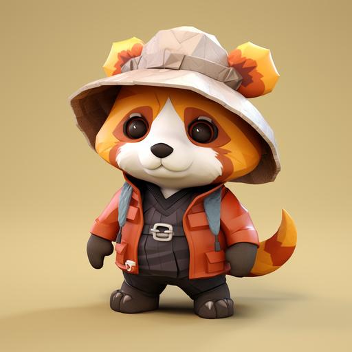 low poly stylistic cute red panda adventure game character, 3D render, Japanese style, wearing an adventure hat