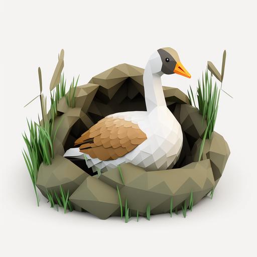low poly voxel image of a goose in a nest on a white background