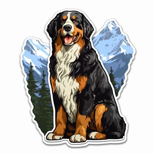low res pixel art Bernese mountain dog on a ski hill sticker
