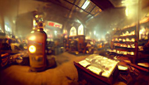 low wide-angle view 25mm, Huge old PBR in vast dark Arcade full of messy stacked shoes montains of small glowing orchids   typewriters   vape oil, lots of pheasants   cigarettes   cameras   top hats. Photorealistic, intricates details, smog, volumetric soft lighting, dust floating in rays of light, ethereal light, lens flares, crepuscular lighting in an old moisty cavern with a waterfall background, 8k --ar 16:9 --seed 1026 --s 1250 --v 3 --upbeta